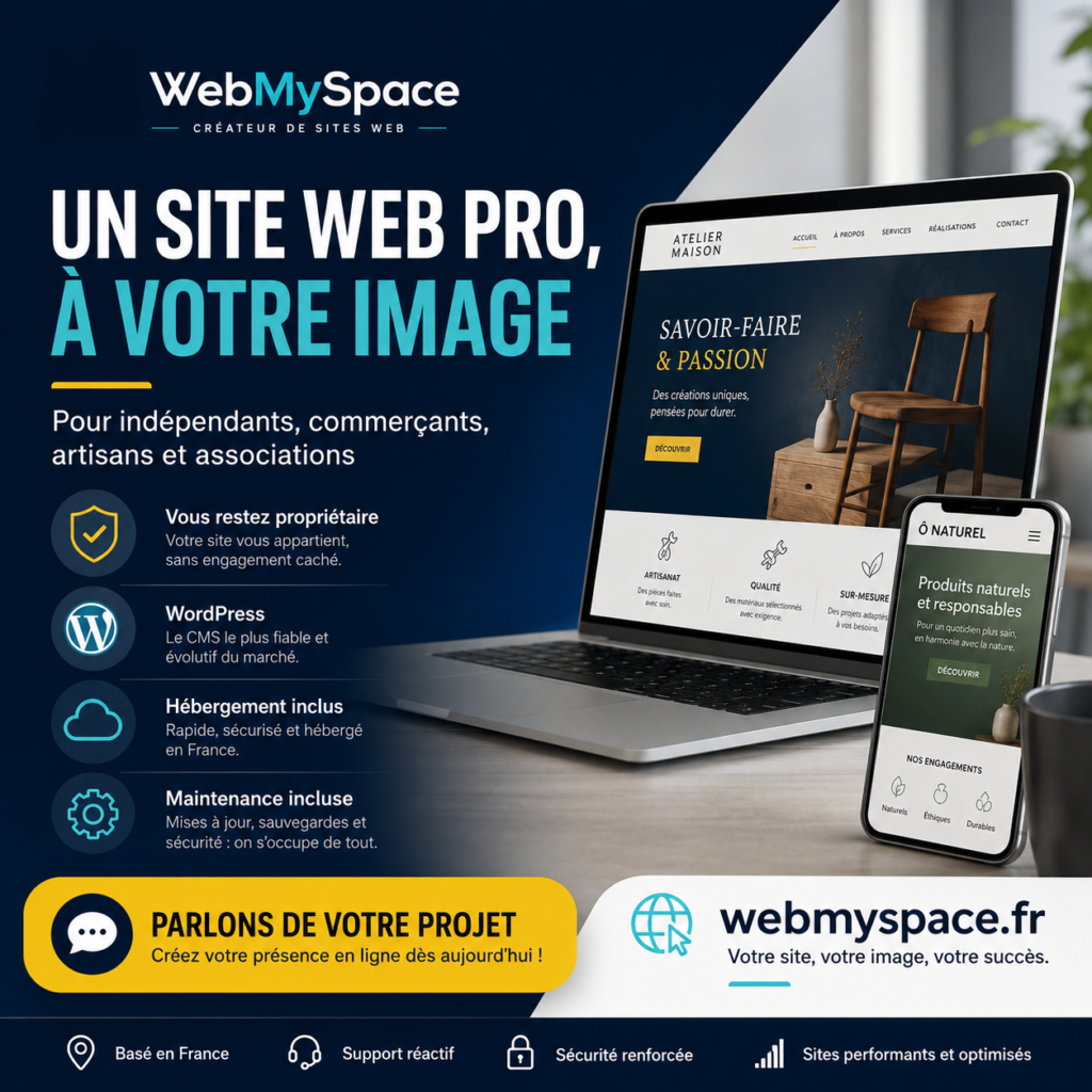 Publicité WebMySpace pour la création de sites web professionnels destinés aux indépendants, commerçants, artisans et associations.